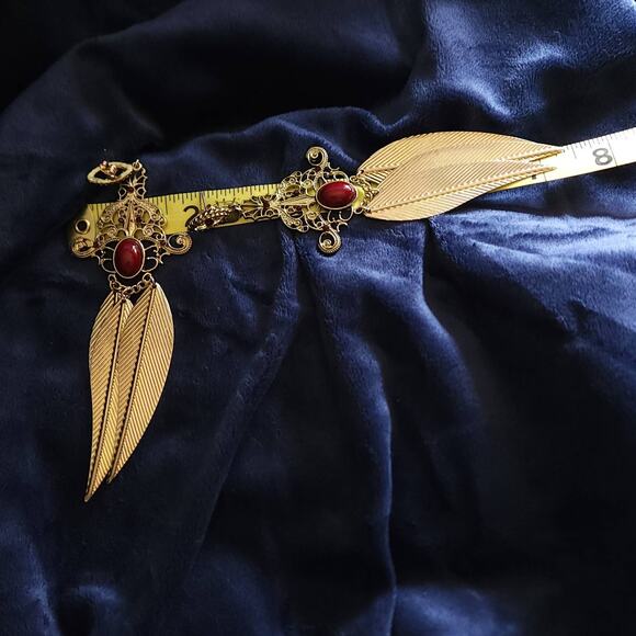 Ornate Statement Earrings Brass Feathers Etched with Blood Red Cabochon Stones - Picture 5 of 6